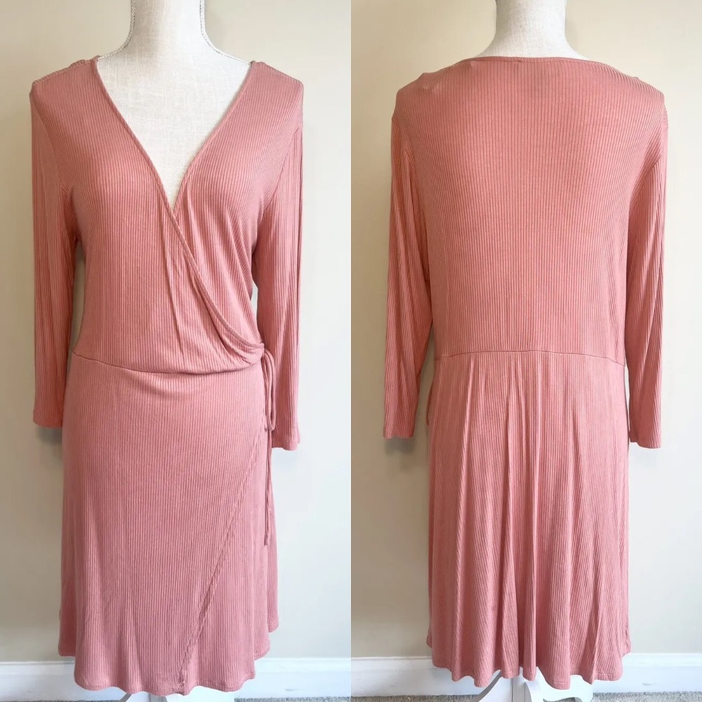 Forever 21 + Plus Dress 2X Pink Ribbed V-Neck Jersey Tie Faux Wrap Long Sleeve